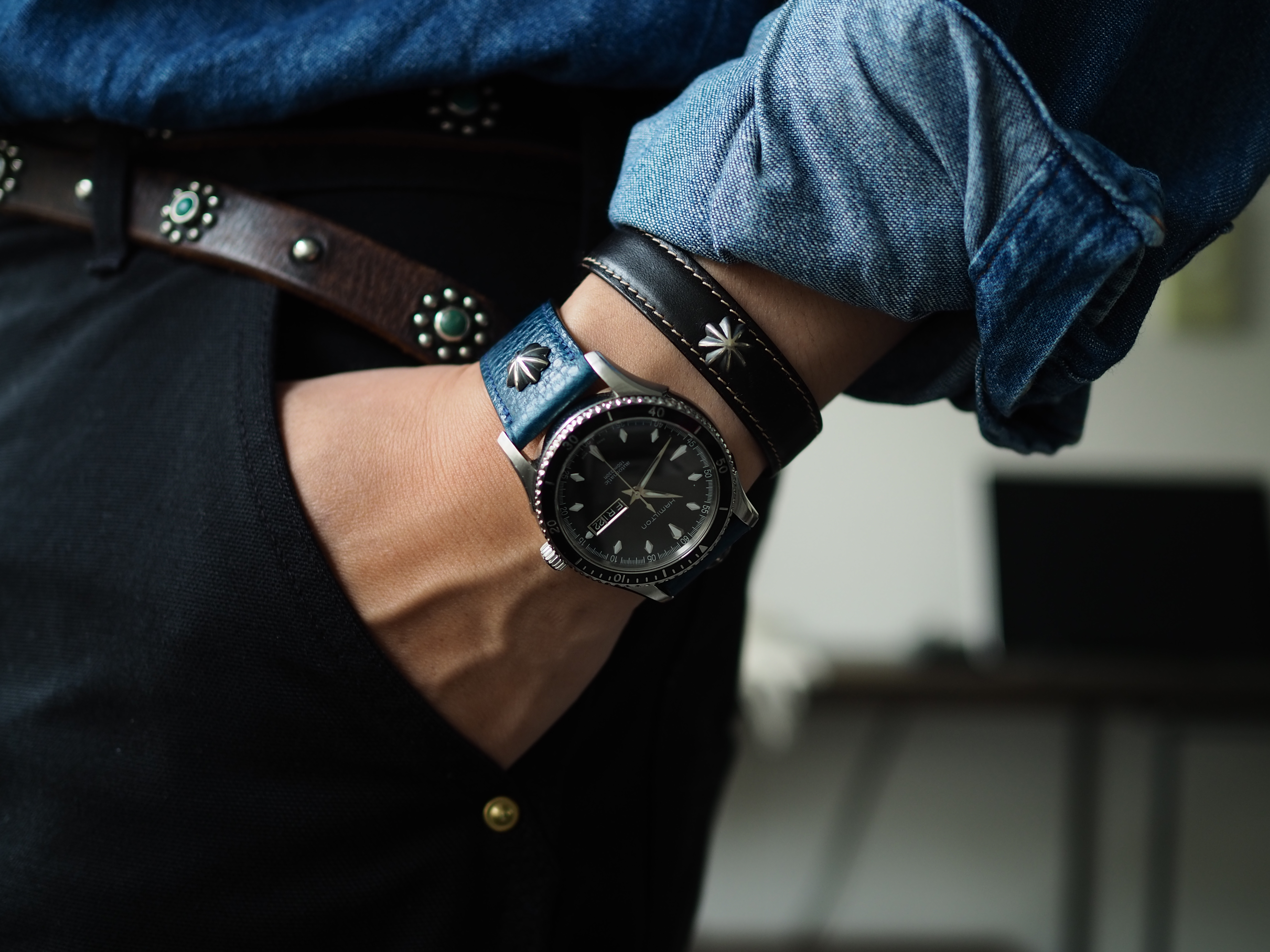 【美品】FLANGE STRAP AW用 両コンチョカスタム 44mm 腕時計/アップルウォッチ用バンド【SILVER CONCHO】Type：DRESS