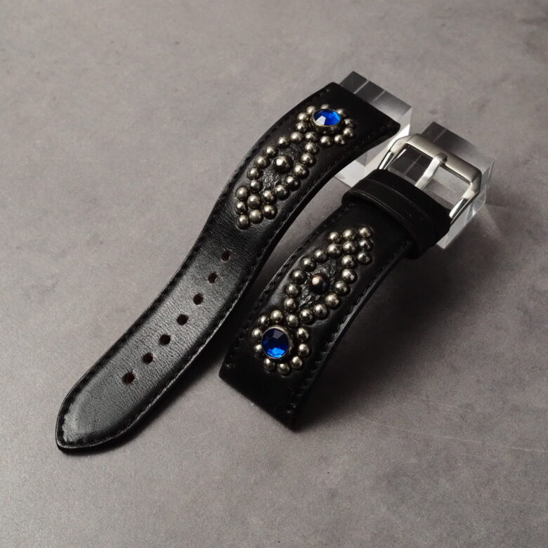 腕時計用ベルト【STUDS】  ホースバット（茶芯ブラック） ARROW アンティークシルバー×ラインストーン